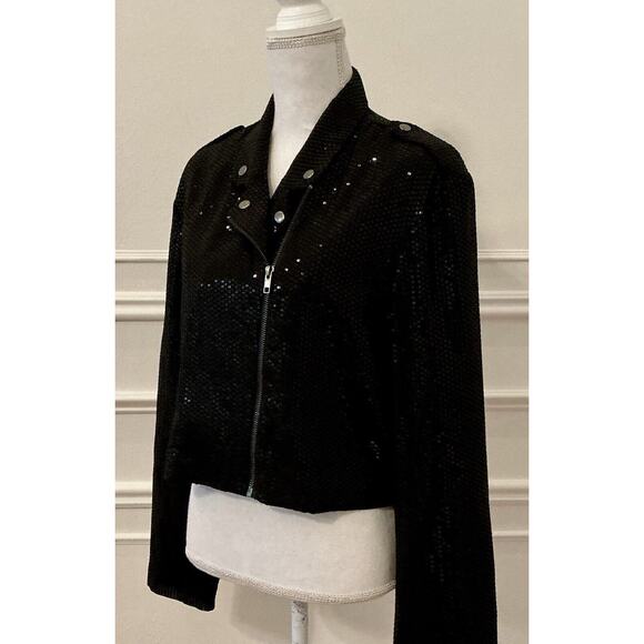 By Anthropologie Sequin Cropped Black Moto Jacket Size Large NWT - Picture 10 of 15